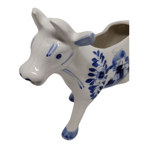 Whimsical Delft Blue and White Ceramic Cow Pitcher - Picture 3 of 15